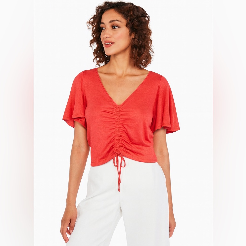 Express V-Neck Cropped Cinched  RED Tee XS NWT